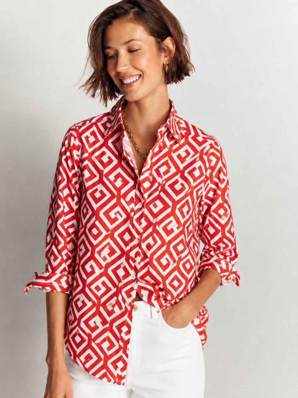 Boden Sienna Linen Shirt Firecracker Gardenia Swirl 100% Linen US 4R